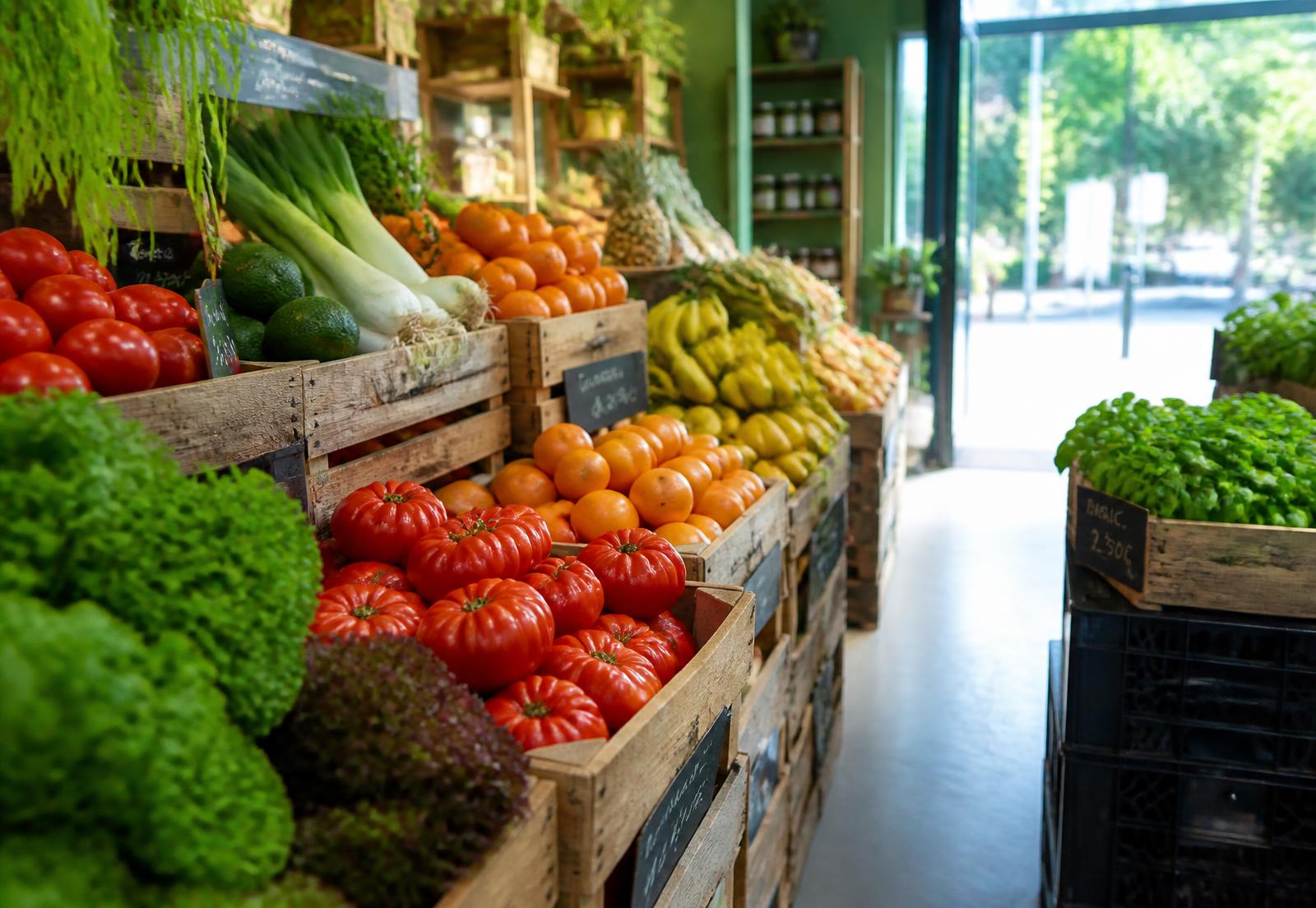 Banca de hortifrúti com caixas de frutas e verduras frescas